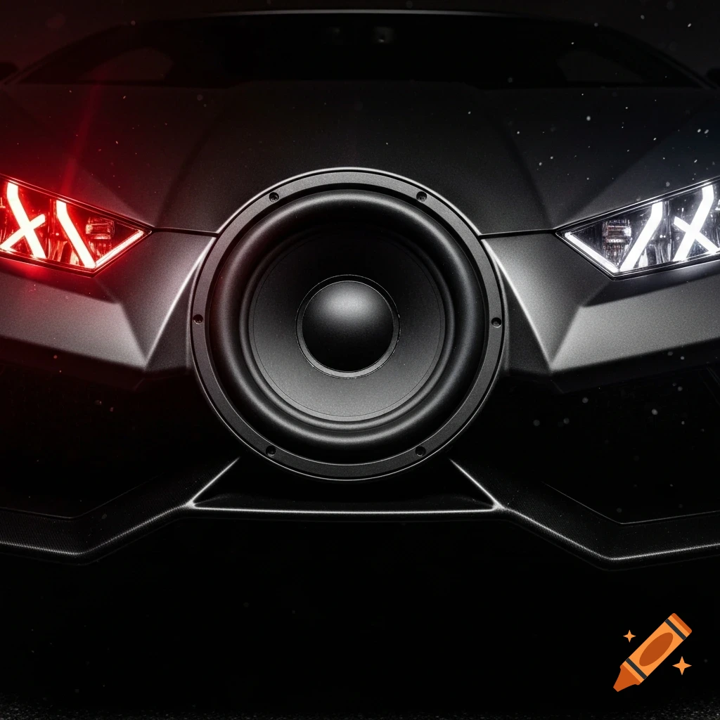 Close-up of a dark matte car with a large subwoofer as its front bumper and glowing headlights.