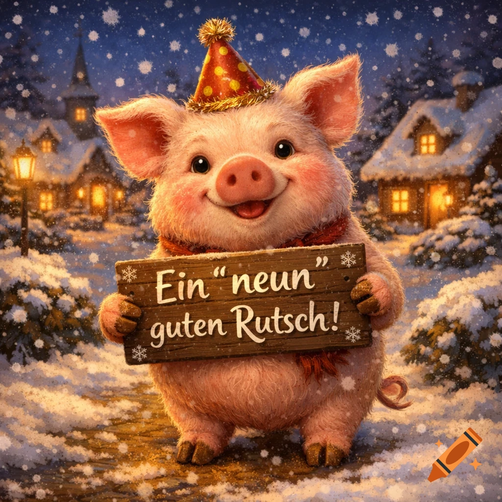 A cute cartoon pig in a party hat and scarf holds a wooden sign in a snowy village scene, with text "Ein "neun" guten Rutsch!"