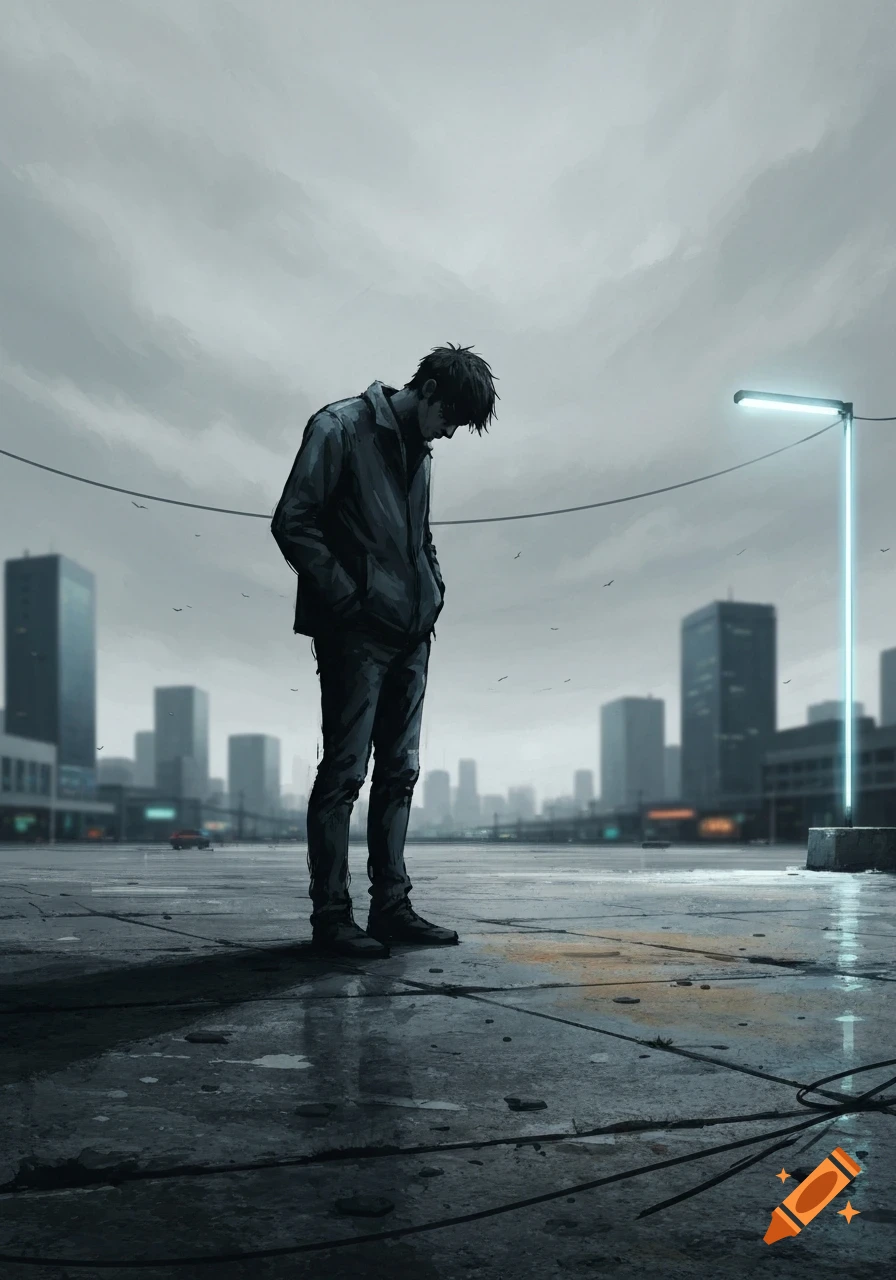 A stylized illustration of a man looking down, standing alone on wet pavement in a desolate urban landscape under a cloudy sky.