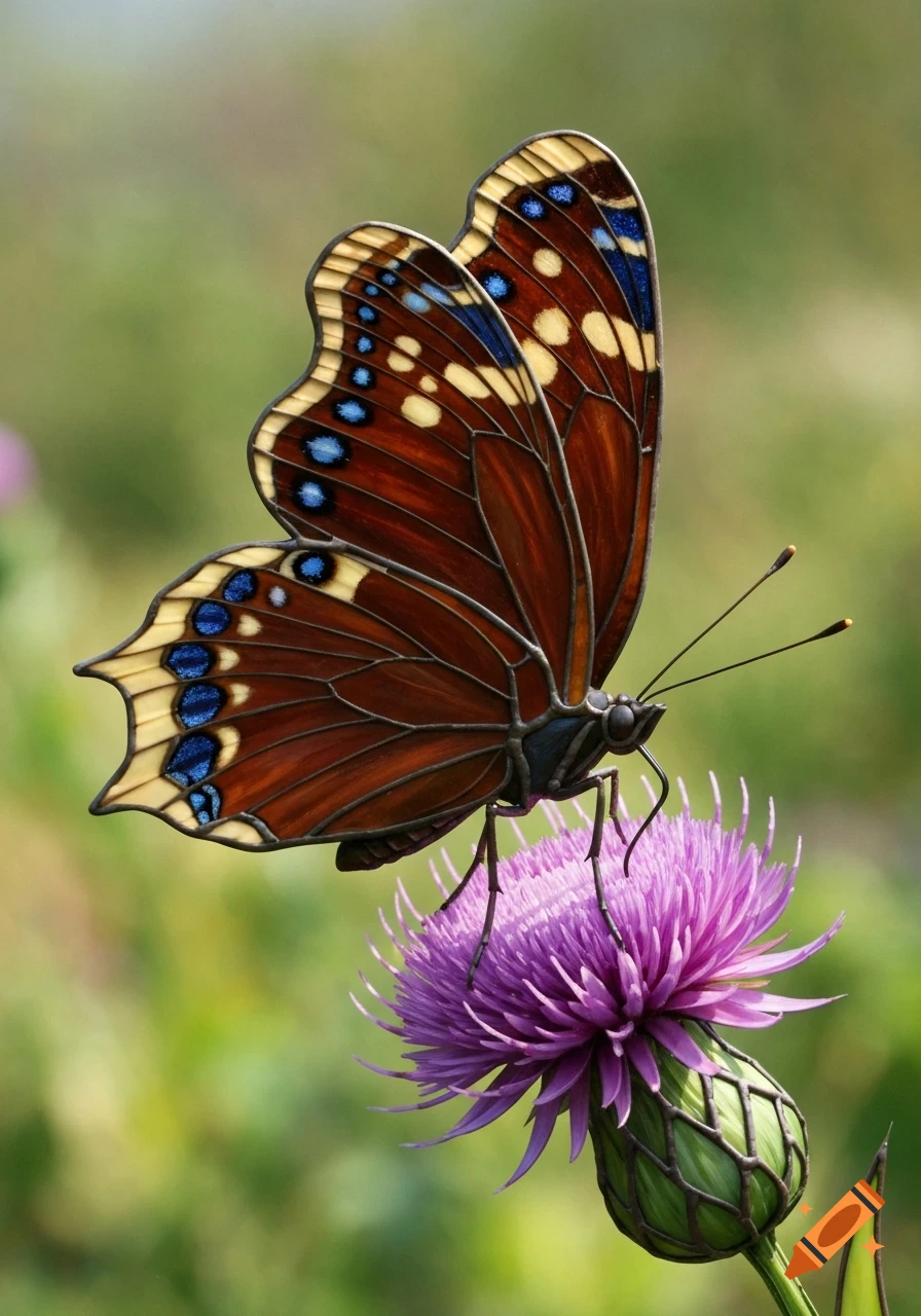 A colorful stained glass butterfly with brown, blue, and yellow wings rests on a purple thistle flower, against a soft green background.