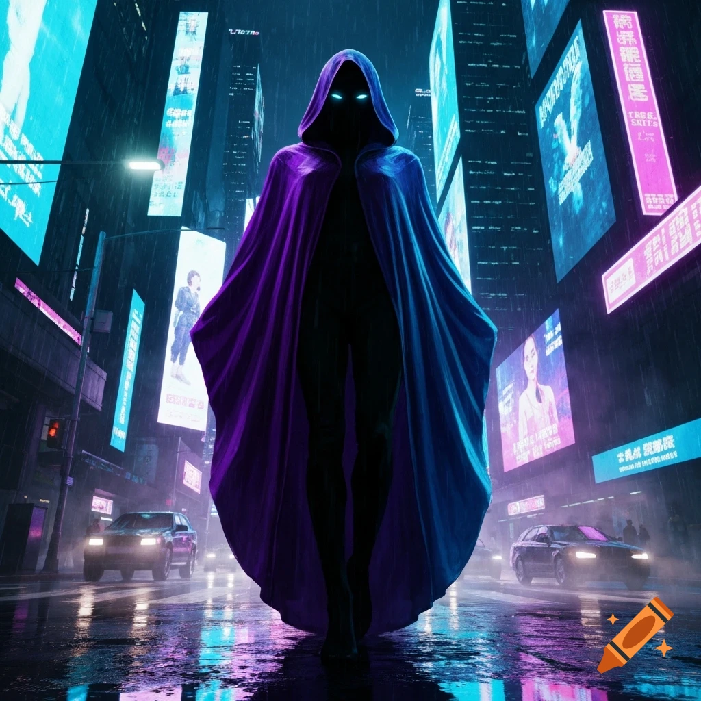 A cloaked figure with glowing eyes stands on a rainy street in a neon ...