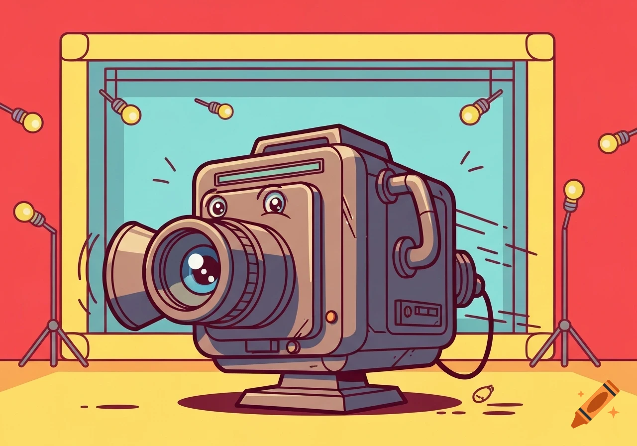 A cartoon-style old video camera with a lens eye, on a set with a screen and light bulbs, against a red and yellow background.