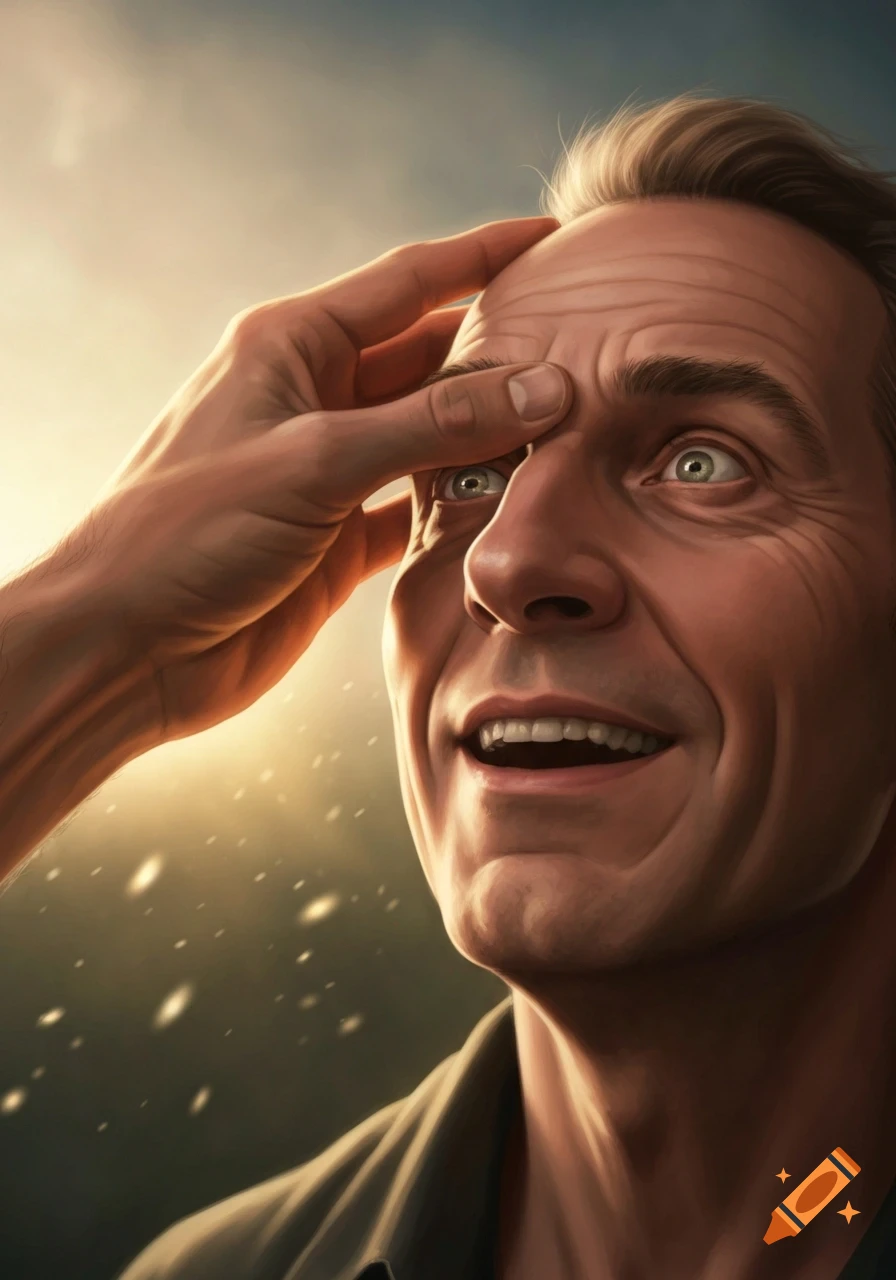 A man with wide, joyful eyes looks up as a hand gently pulls open his eyelid, dramatic light on his face.