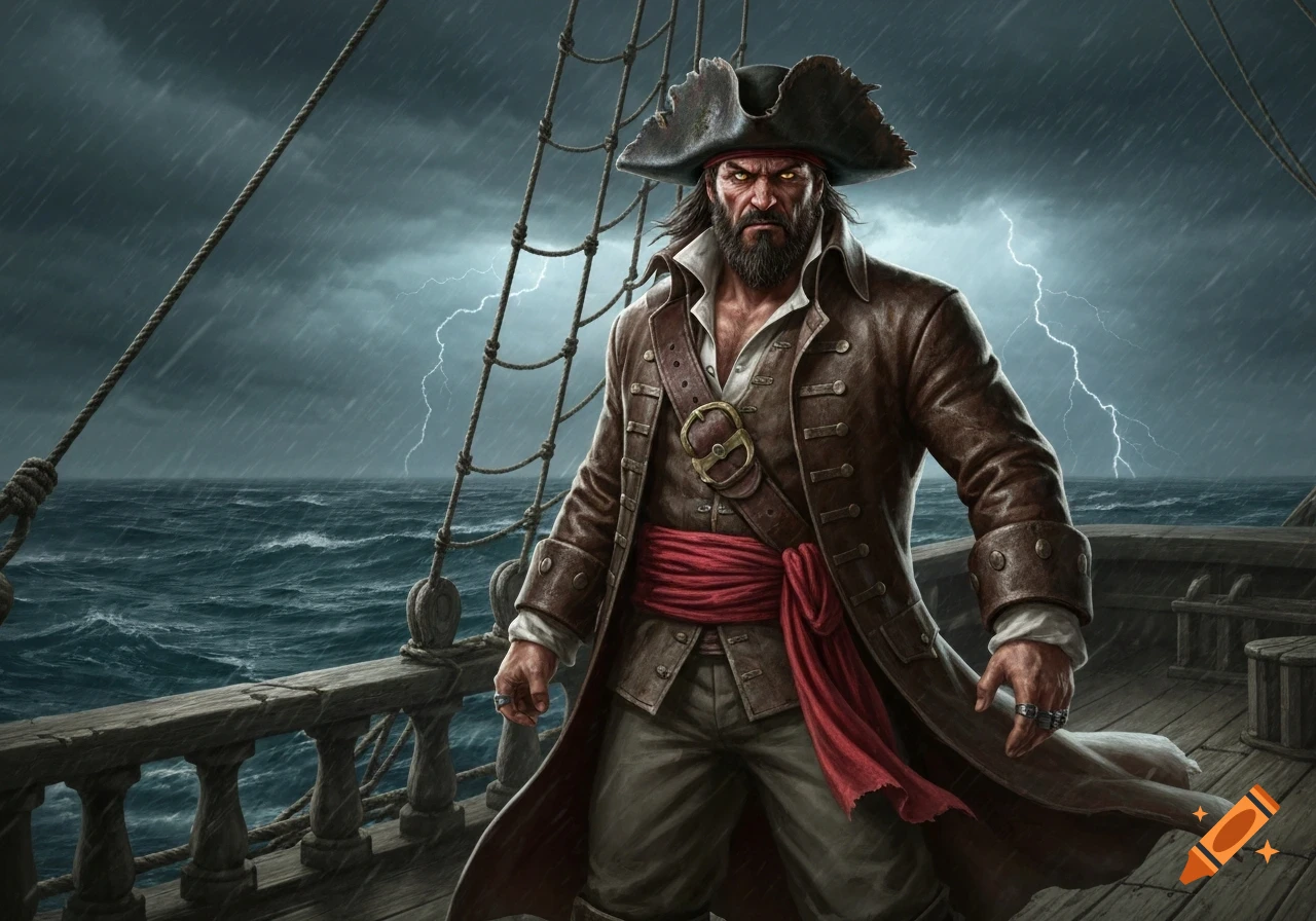 A stern pirate captain with a tricorn hat and leather coat stands on a ship deck during a stormy sea with lightning.
