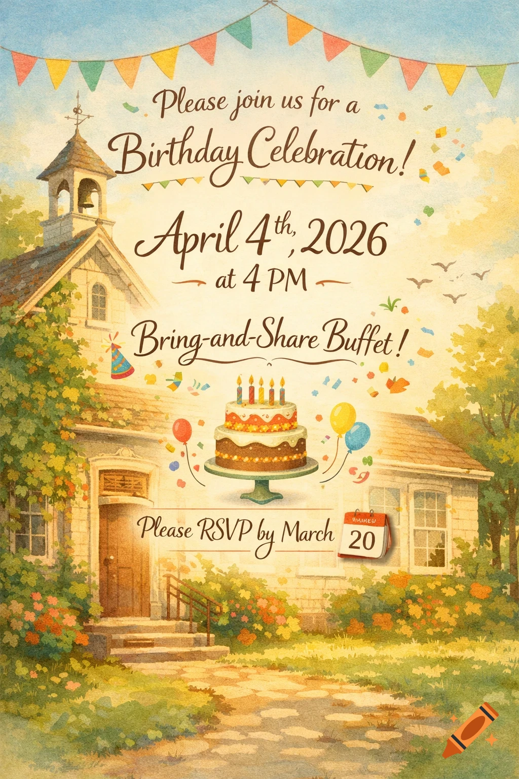 A watercolor style birthday invitation card with text, a church-like building, a birthday cake, balloons, and confetti.