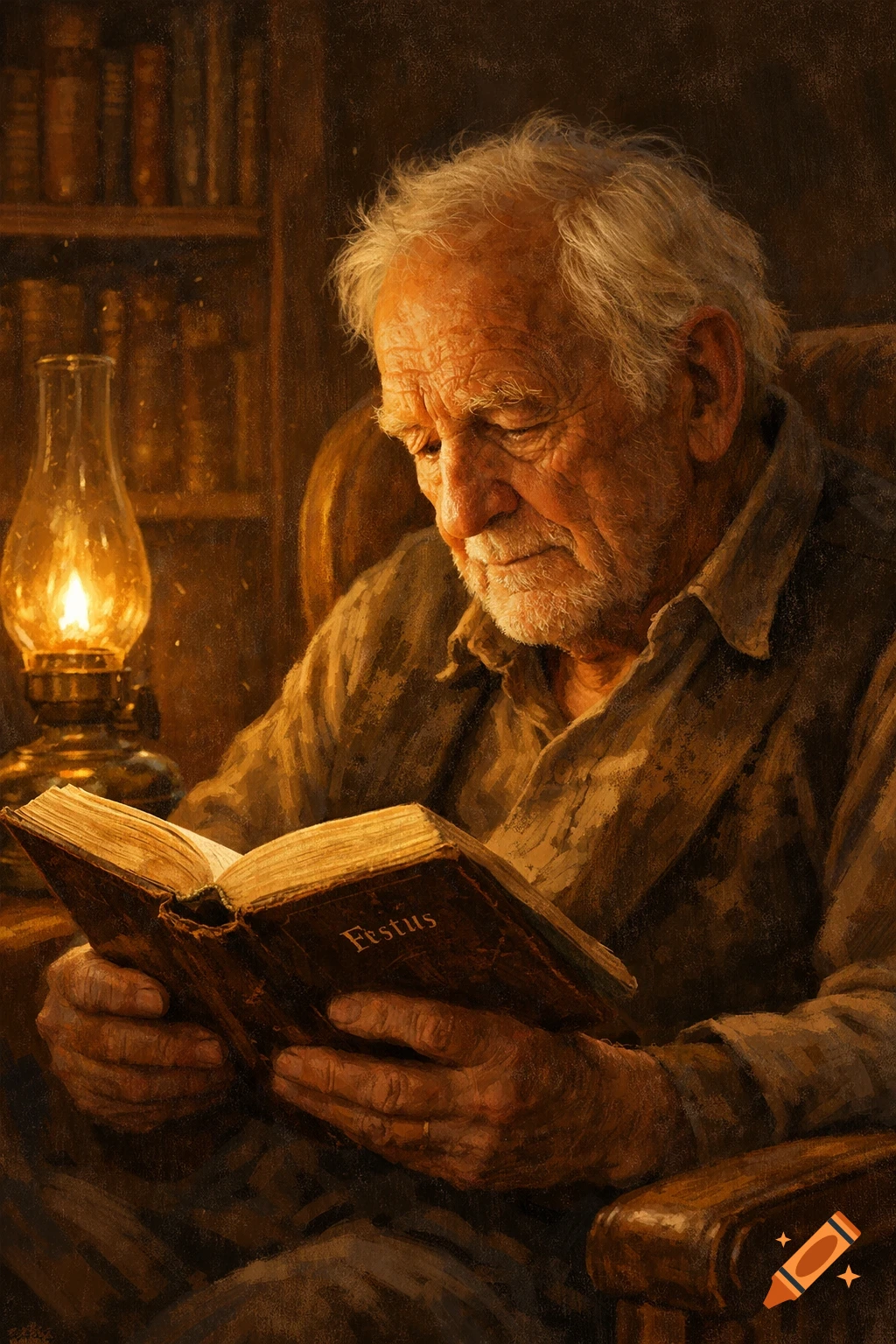 Detailed painting of an elderly man reading a book titled 'Festus' by the warm glow of an oil lamp.
