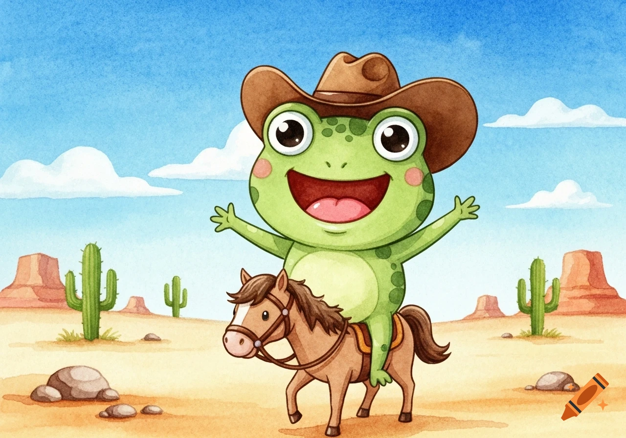 A happy, cartoon watercolor frog wearing a cowboy hat rides a small horse through a desert landscape with cacti and mountains.