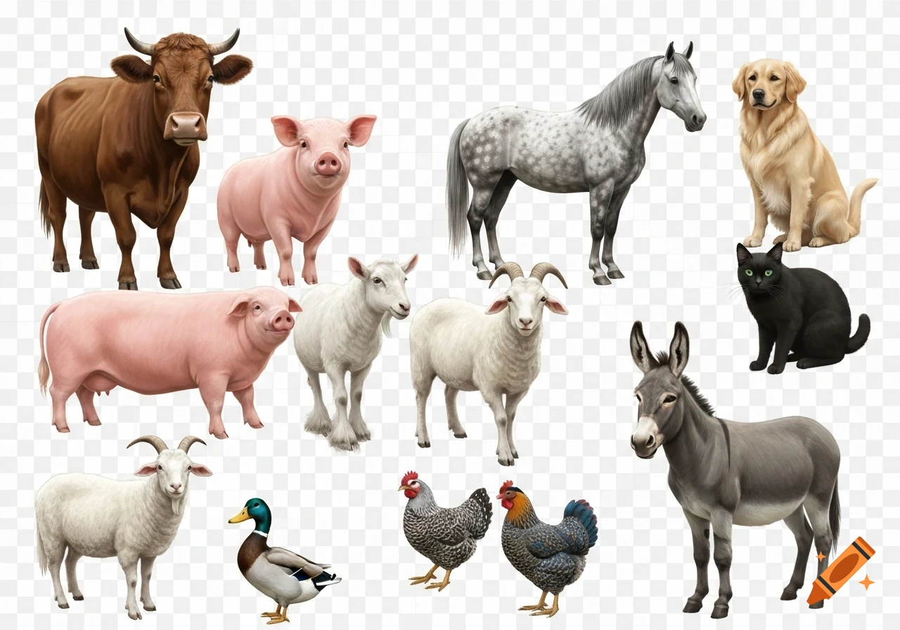 A collection of realistic farm animals on a transparent background, including a cow, pigs, a horse, a dog, a cat, goats, a sheep, a duck, chickens, and a donkey.