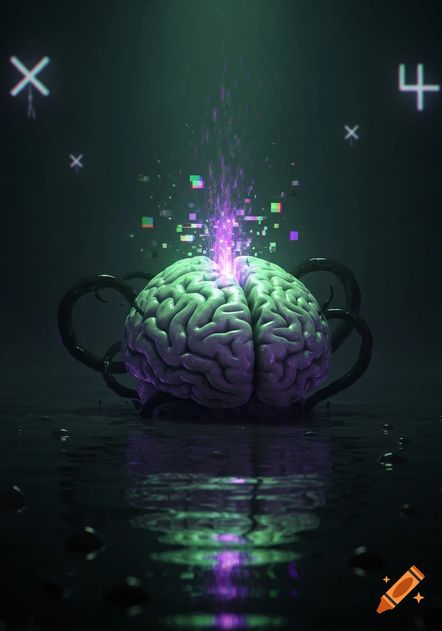 A glowing green brain emits purple glitch particles, surrounded by dark tendrils and submerged in dark water, with digital symbols in the background.