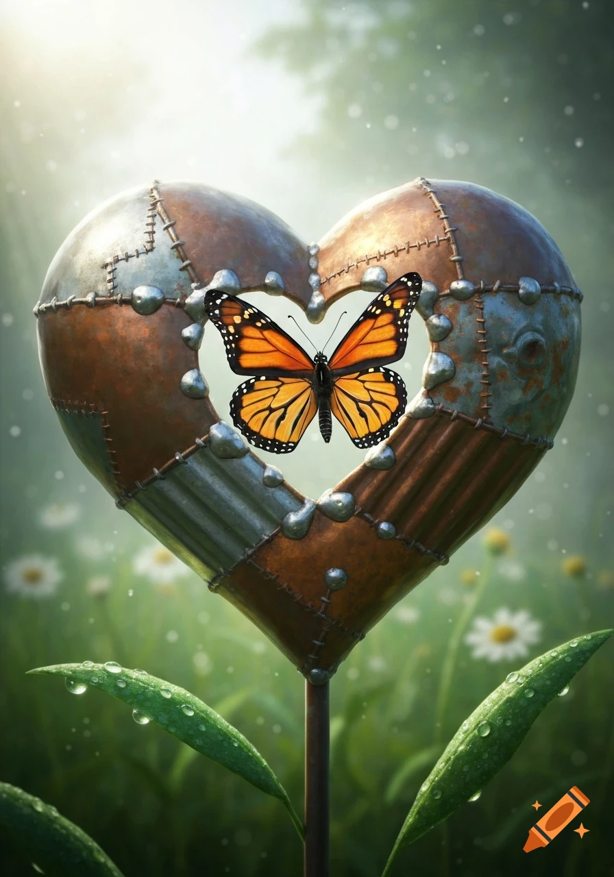 A monarch butterfly rests within a rustic, patchwork metal heart on a stem in a dreamy, dewy green field.