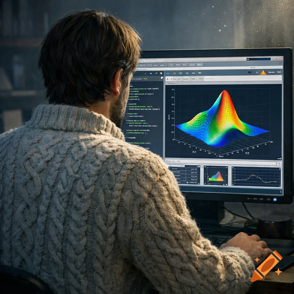 A man with medium brown hair and a thick beige cable-knit sweater sits with his back to a computer displaying colorful 3D data plots and programming code.