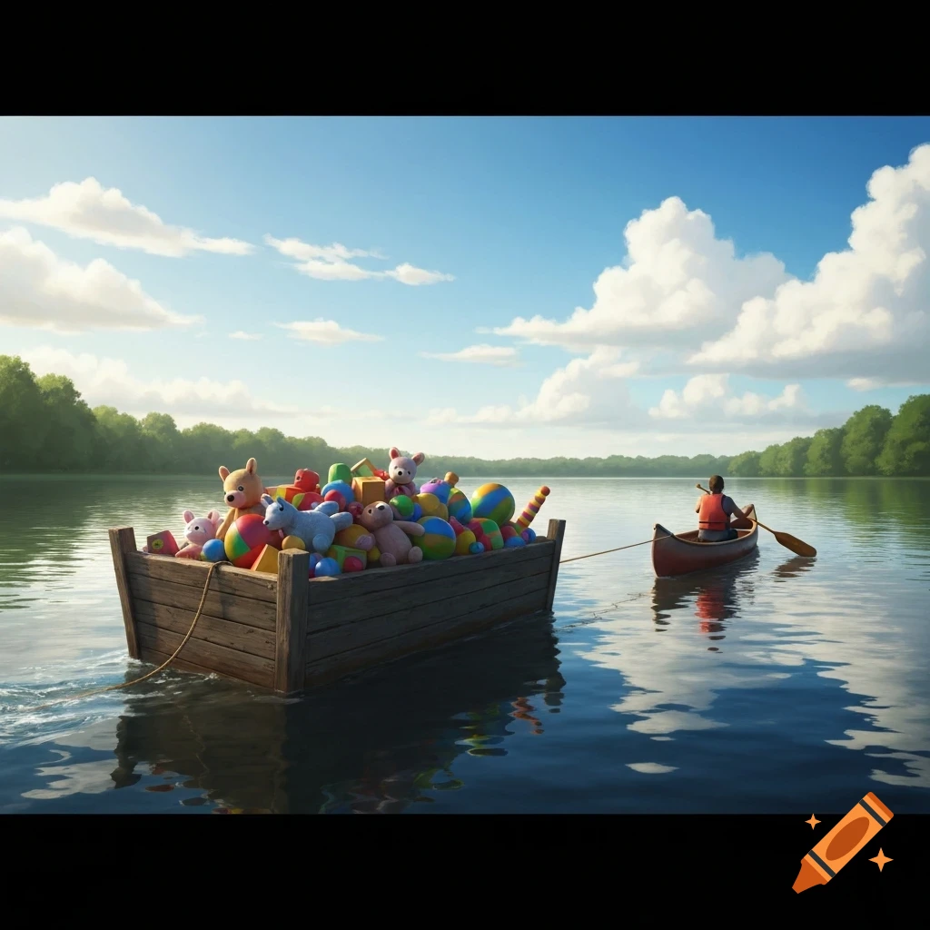 A person in a red canoe pulls a wooden barge overflowing with colorful toys across a calm lake under a blue sky.