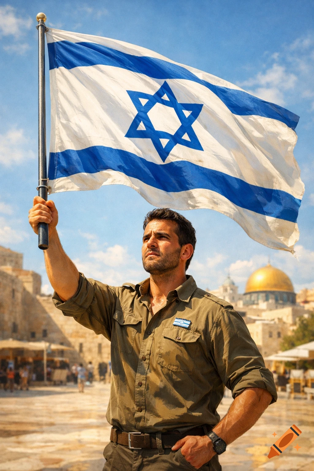 A man in a military-style uniform holds an Israeli flag over his head in a city square, with a golden-domed building in the background.