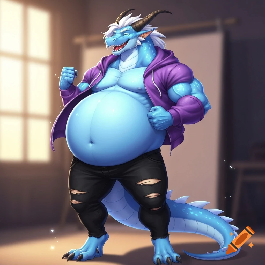 A happy, muscular, light blue anthropomorphic dragon with a large round belly, white hair, purple hoodie, and ripped black jeans, standing indoors.