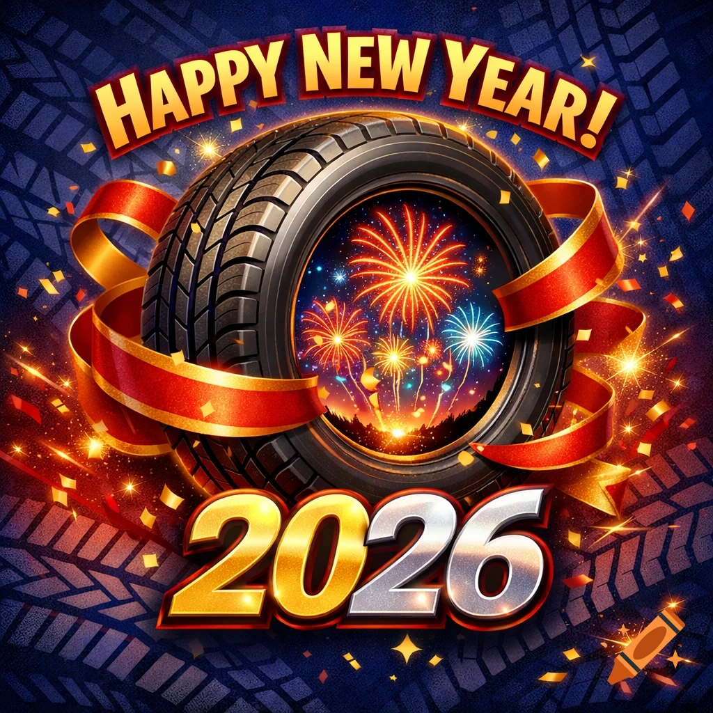 Happy New Year 2026 card featuring a car tire with fireworks inside, surrounded by ribbons and confetti on a tire tread background.