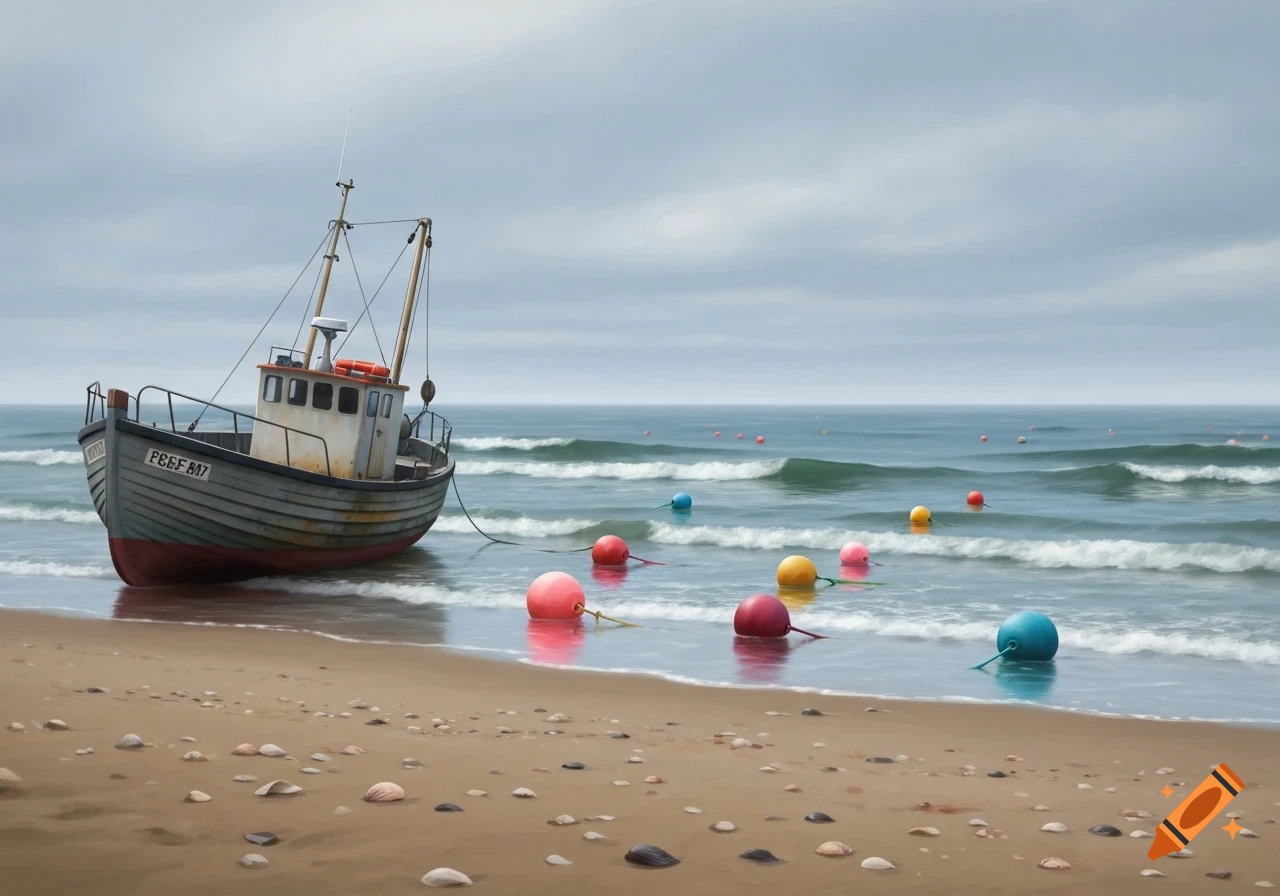 A fishing boat rests on a sandy beach, surrounded by colorful buoys in the ocean under a cloudy sky. Photorealistic style.