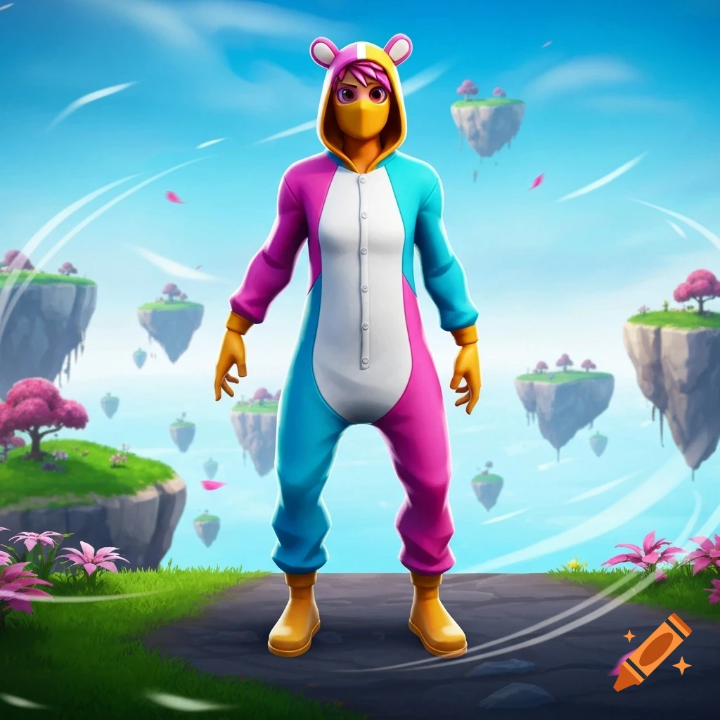 A character in a pink, blue, and white onesie with a yellow mask and bear ears stands on a floating island against a blue sky with more floating islands.