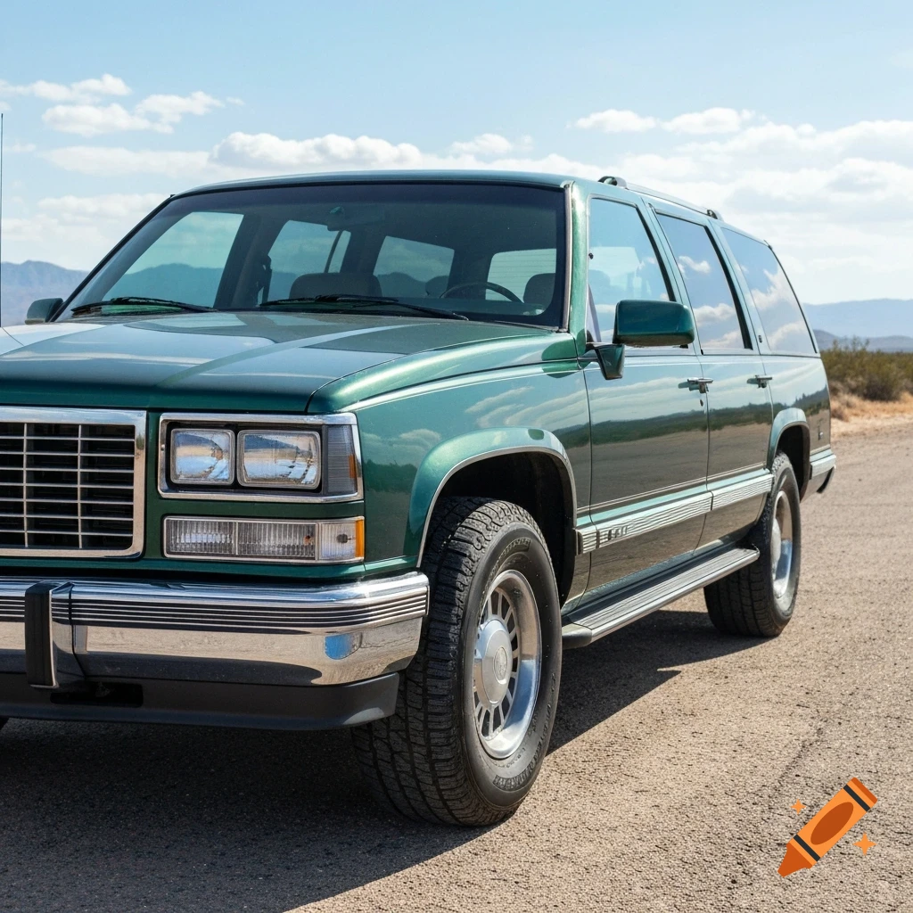 A green vintage SUV parked on a dirt road under a clear blue sky with distant mountains.