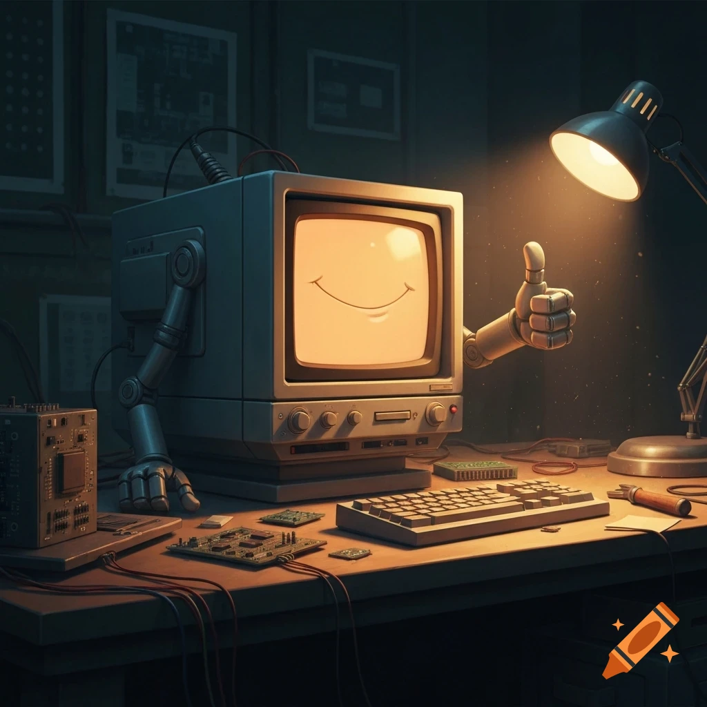 A retro-style computer with robotic arms gives a thumbs-up on a cluttered workbench lit by a desk lamp.