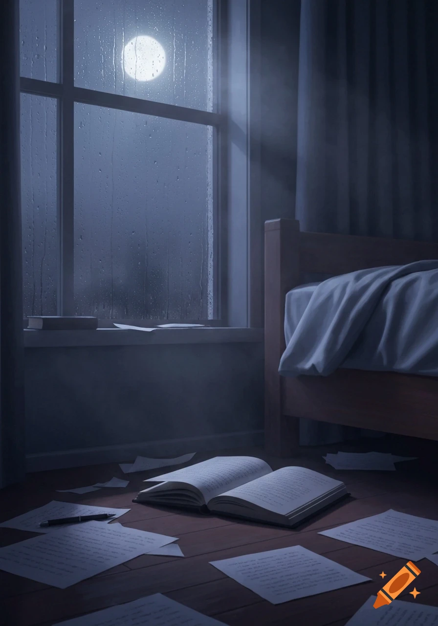 Dimly lit bedroom at night, with moonlight shining through a rainy window onto an open journal and scattered papers on a wooden floor next to a bed.