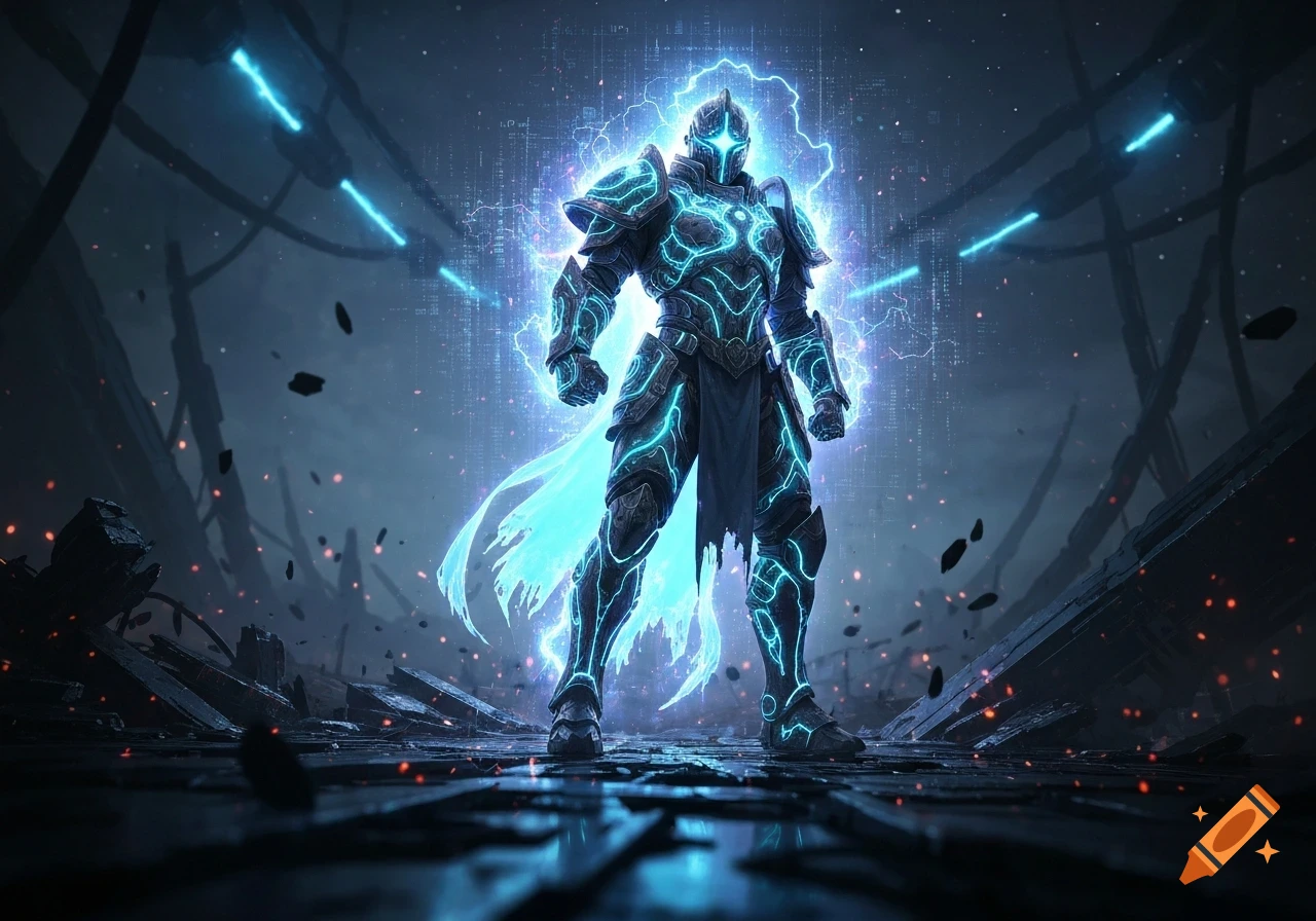 A powerful knight in glowing blue, intricate armor stands amidst a dark, ruined landscape with floating debris and neon lights. Digital art style.
