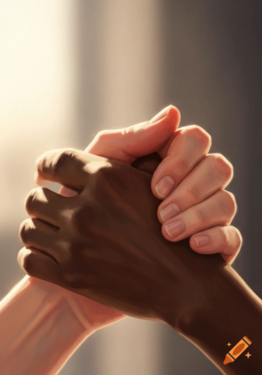 Two hands, one with light skin and one with dark skin, clasped together in a firm grip.