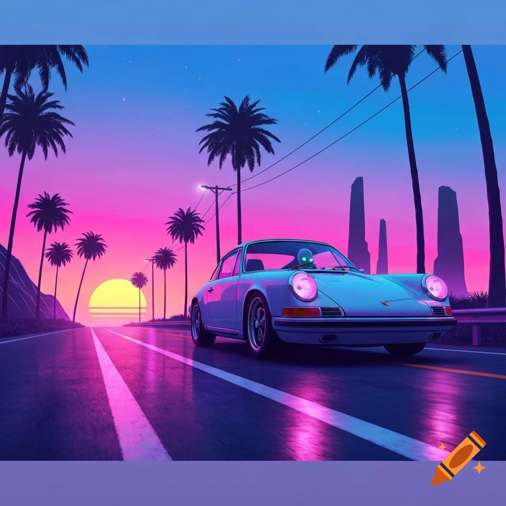 Synthwave style image of a blue car, driven by an alien, on a coastal road at sunset with pink and blue sky and palm trees.