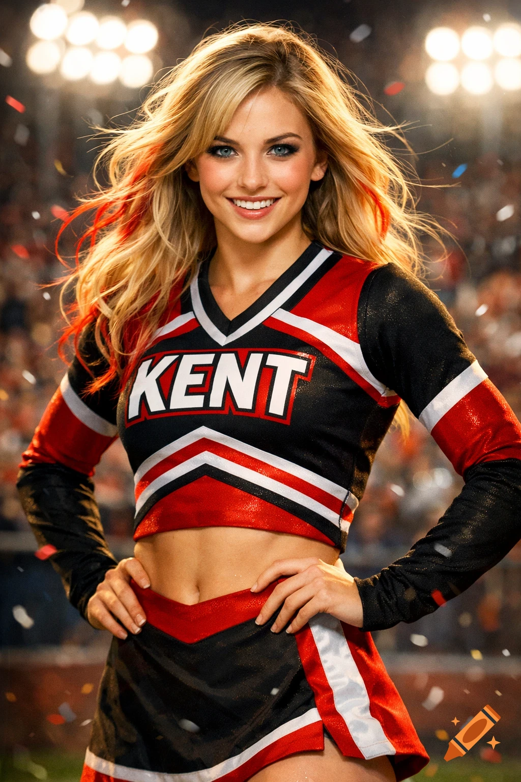 A smiling blonde cheerleader in a red, black, and white uniform with 'KENT' across the chest, standing in a stadium.