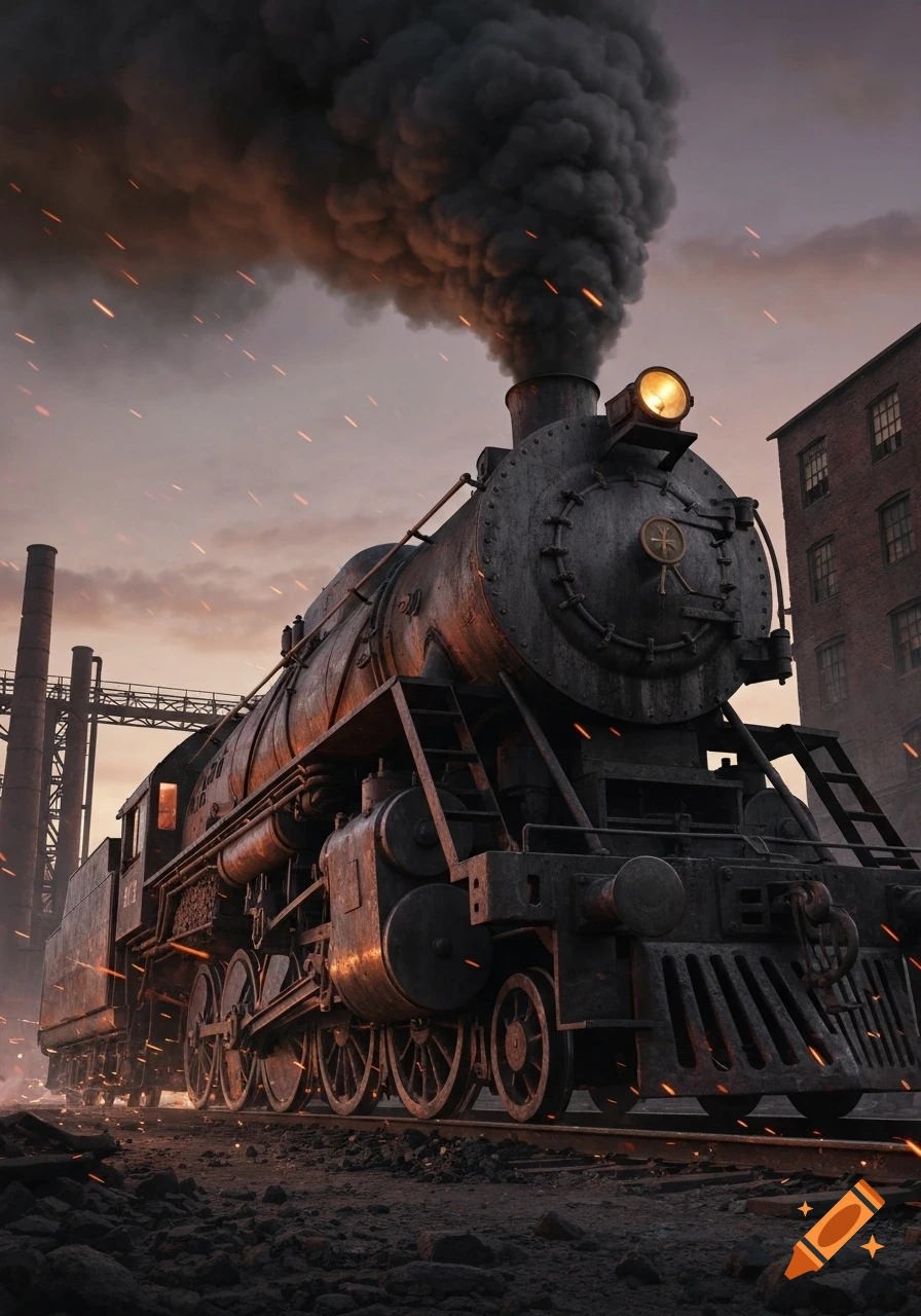 A dirty, powerful steam locomotive with a bright headlamp emits dark smoke and sparks in a gritty industrial setting at dusk.