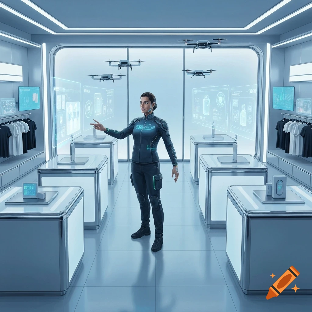 A woman in a futuristic store interacts with holographic displays, surrounded by drones and clothing racks.