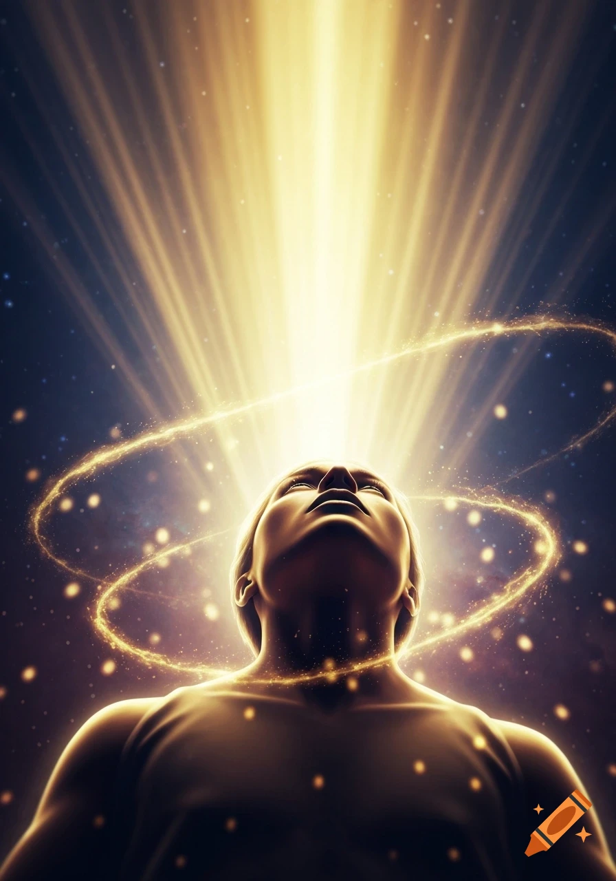 Golden human figure gazing upwards into a brilliant beam of light, surrounded by swirling golden particles in a dark, starry sky.