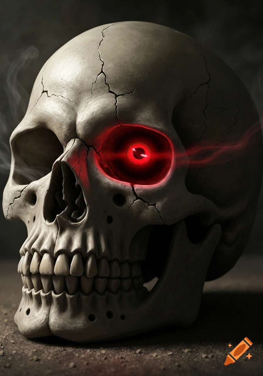 A detailed, cracked human skull with a single glowing red eye and wisps of smoke in a dark, ominous setting.