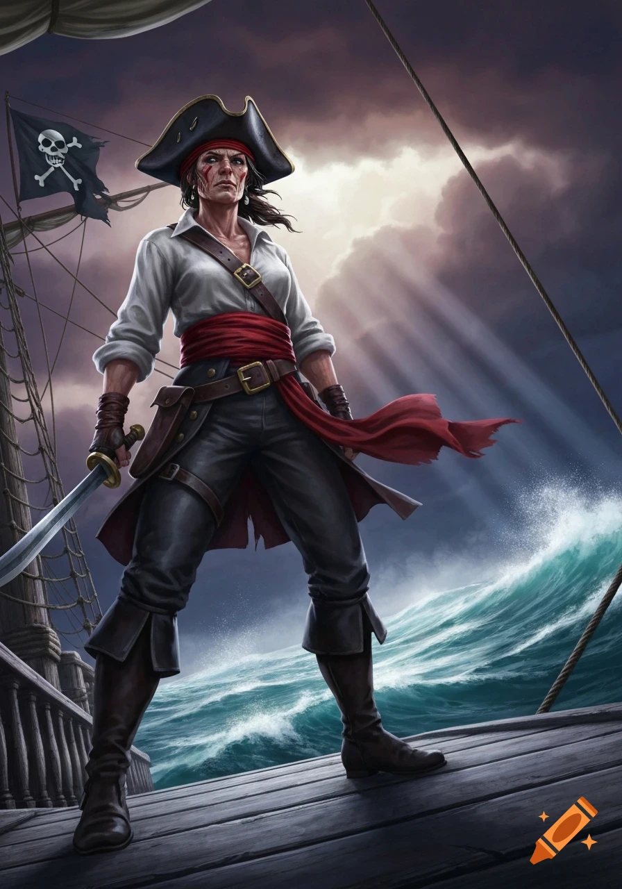A fierce female pirate stands on a ship deck, holding a sword, with a skull and crossbones flag fluttering above and stormy seas below.