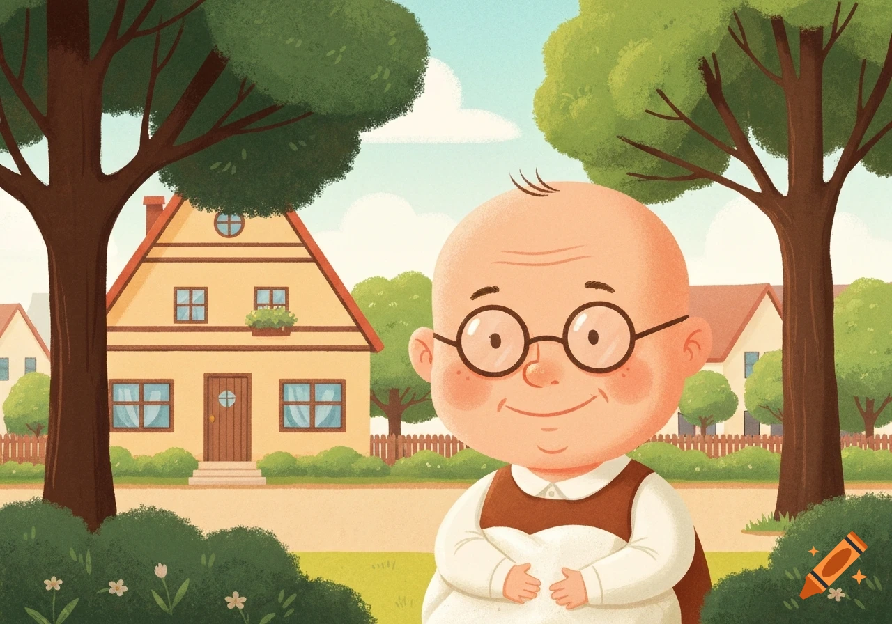 A friendly, cartoon-style bald man with round glasses smiles in a vibrant suburban neighborhood with a house and trees.
