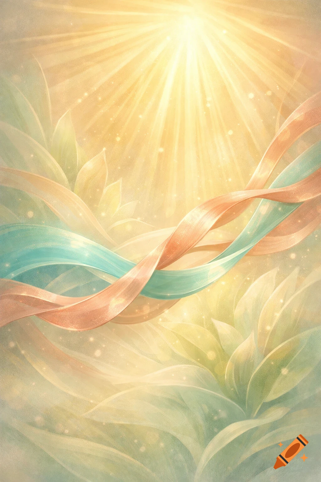 Soft ethereal abstract scene with bright sun rays, flowing teal and peach ribbons, and glowing pastel leaves.