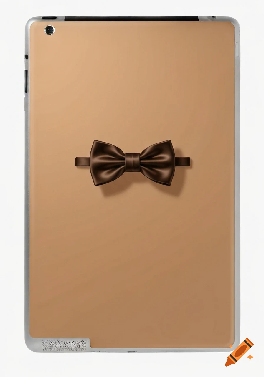 An iPad with a light brown case featuring a dark brown bow tie in the center.