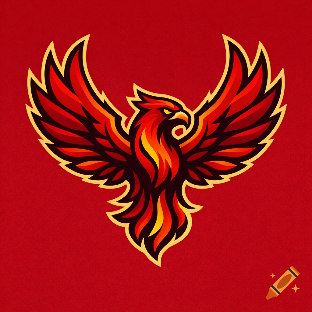 A vibrant red and orange stylized phoenix logo with golden outlines, wings spread, on a red background.