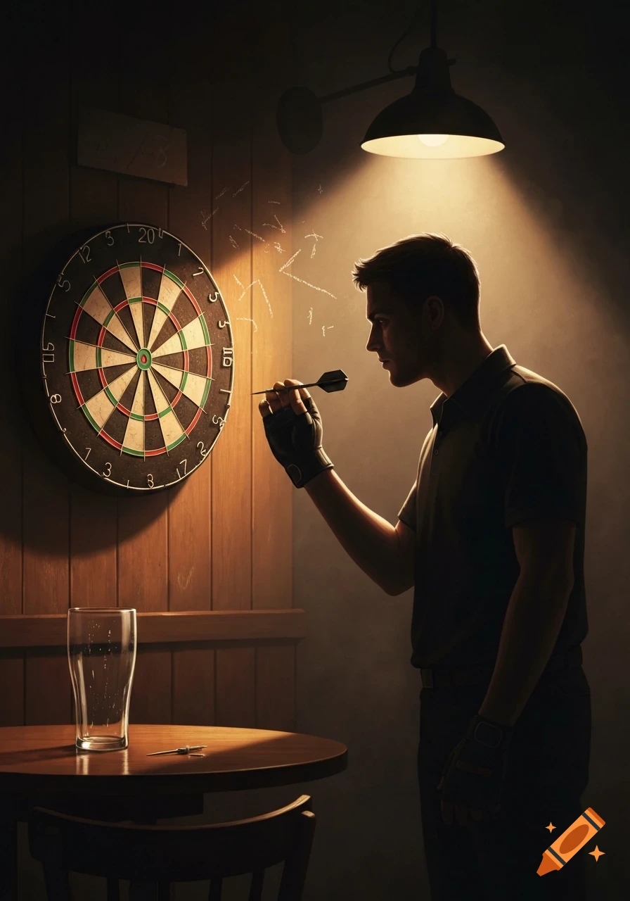 A man wearing a fingerless glove aims a dart at a dartboard, under a spotlight in a dimly lit room, with a glass on a table.