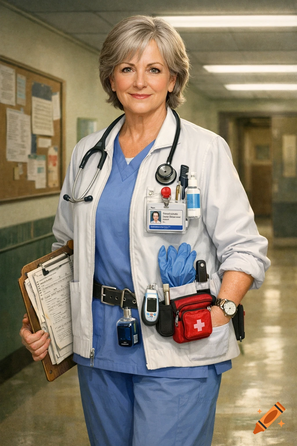 An older female nurse with a stethoscope and medical supplies on her jacket stands in a hospital hallway.