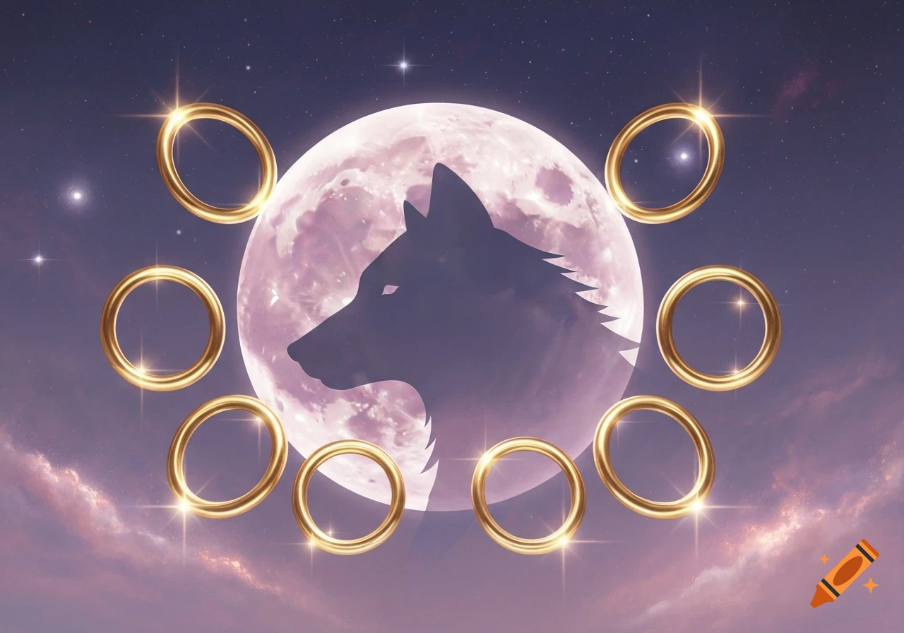 Stylized dark wolf silhouette against a large, glowing pink full moon in a starry, cloudy night sky, surrounded by eight sparkling golden rings.