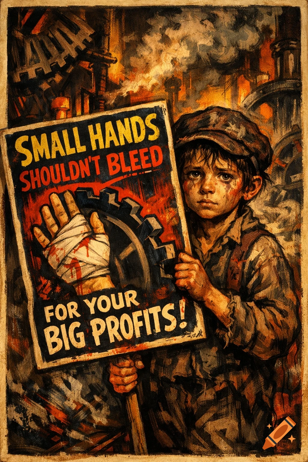 A hand-drawn poster shows a tired child laborer holding a protest sign that reads 'Small hands shouldn't bleed for your big profits!' in a 19th-century factory.