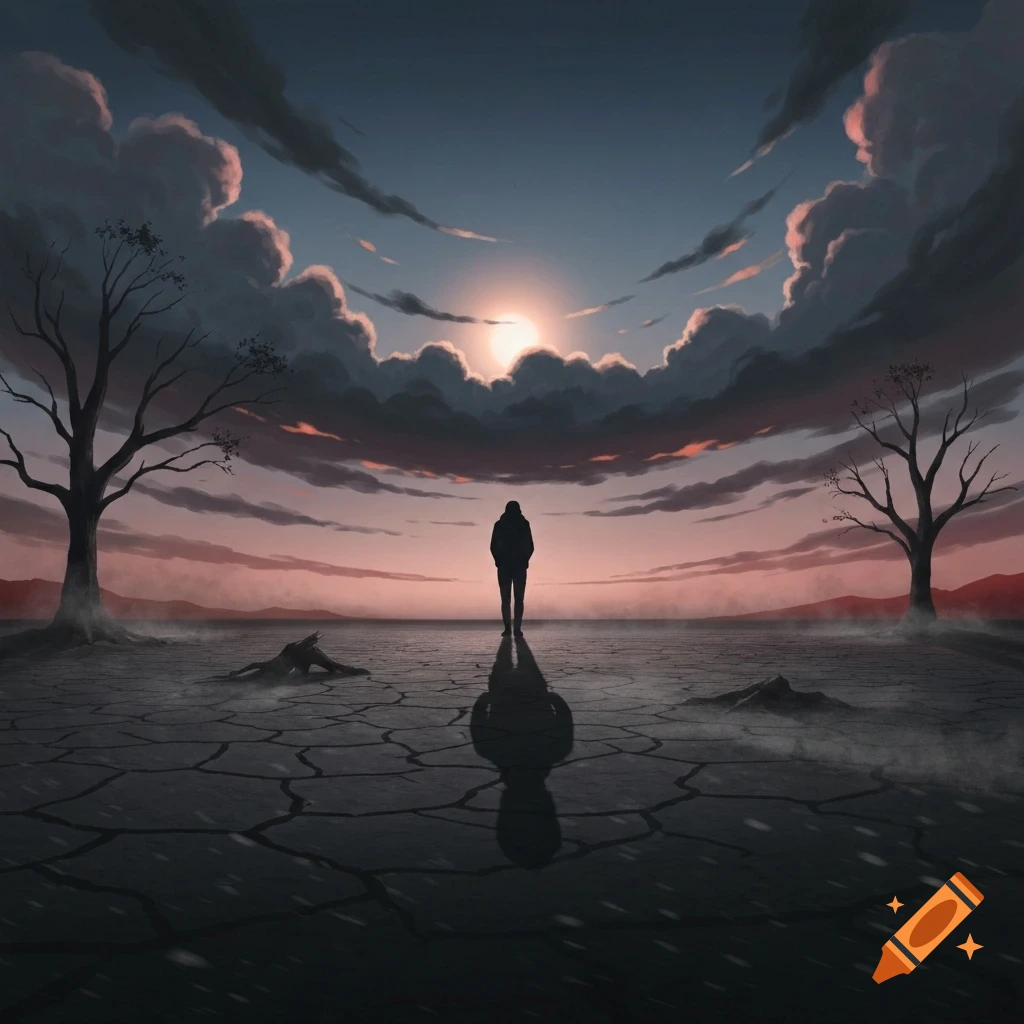 A lone figure stands on cracked earth, silhouetted against a dramatic sunset sky with dark clouds and bare trees.