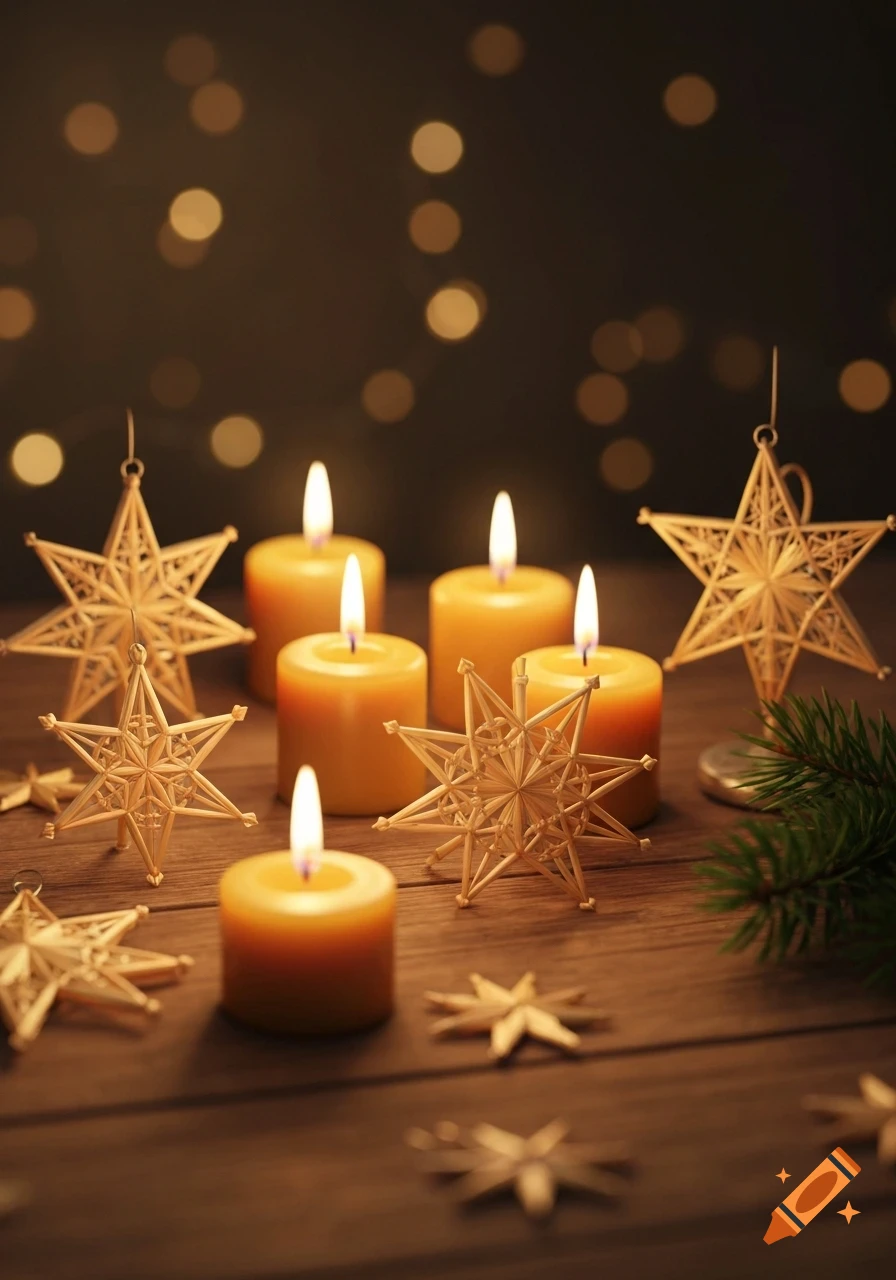 Multiple lit candles and decorative straw stars on a wooden surface with a bokeh background, evoking a warm, festive atmosphere.