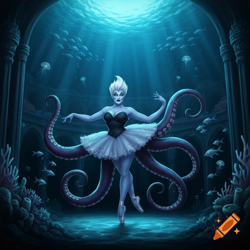 Ursula the sea witch dances ballet en pointe underwater, her octopus tentacles flaring, in an ancient ruin with fish.