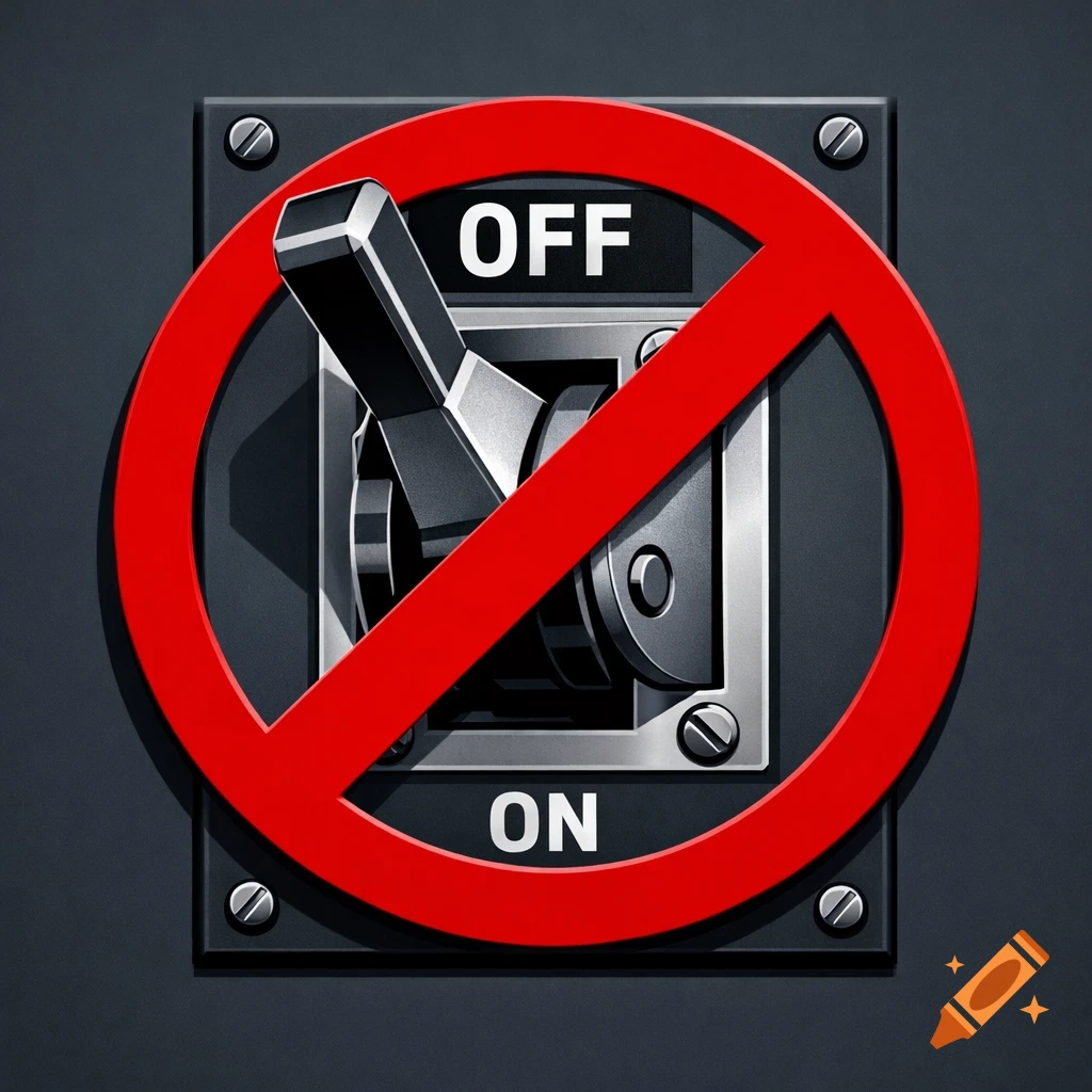 A stylized icon of a dark gray control panel with a metal toggle switch labeled 'OFF' and 'ON', covered by a large red prohibition symbol.