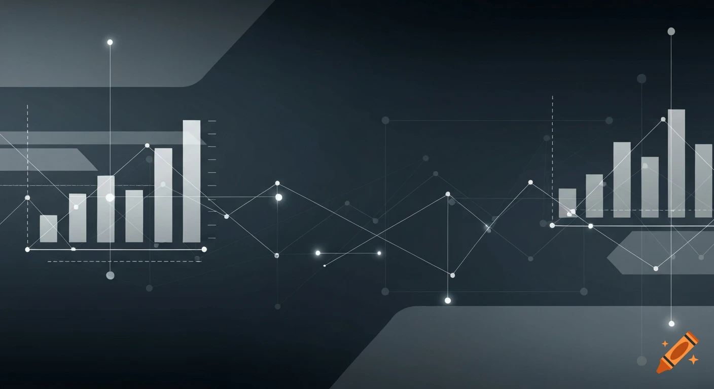Abstract background with interconnected data lines, bar charts, and nodes in a dark blue, grey, and white corporate style.