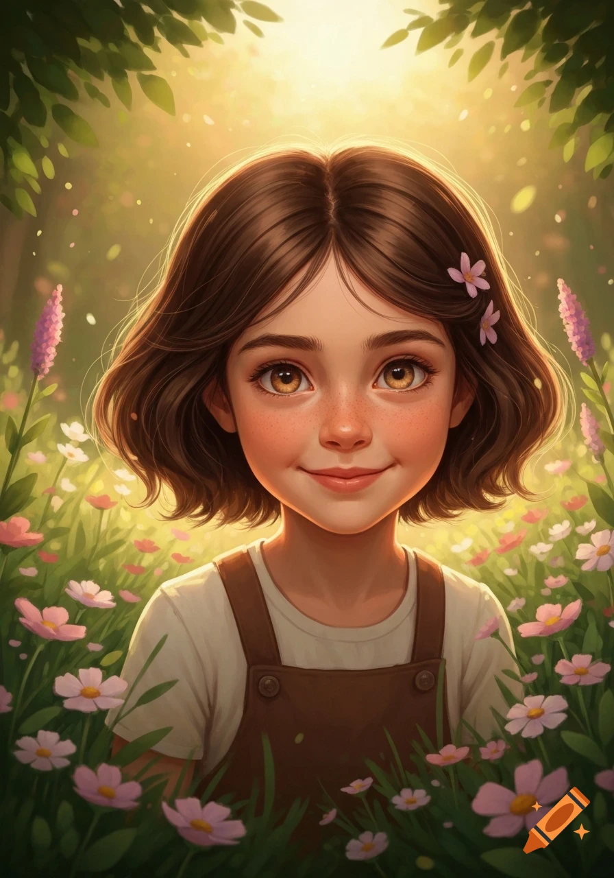 A cute brunette girl with short hair and freckles smiles, surrounded by pink and white flowers in a sunny, illustrative style.