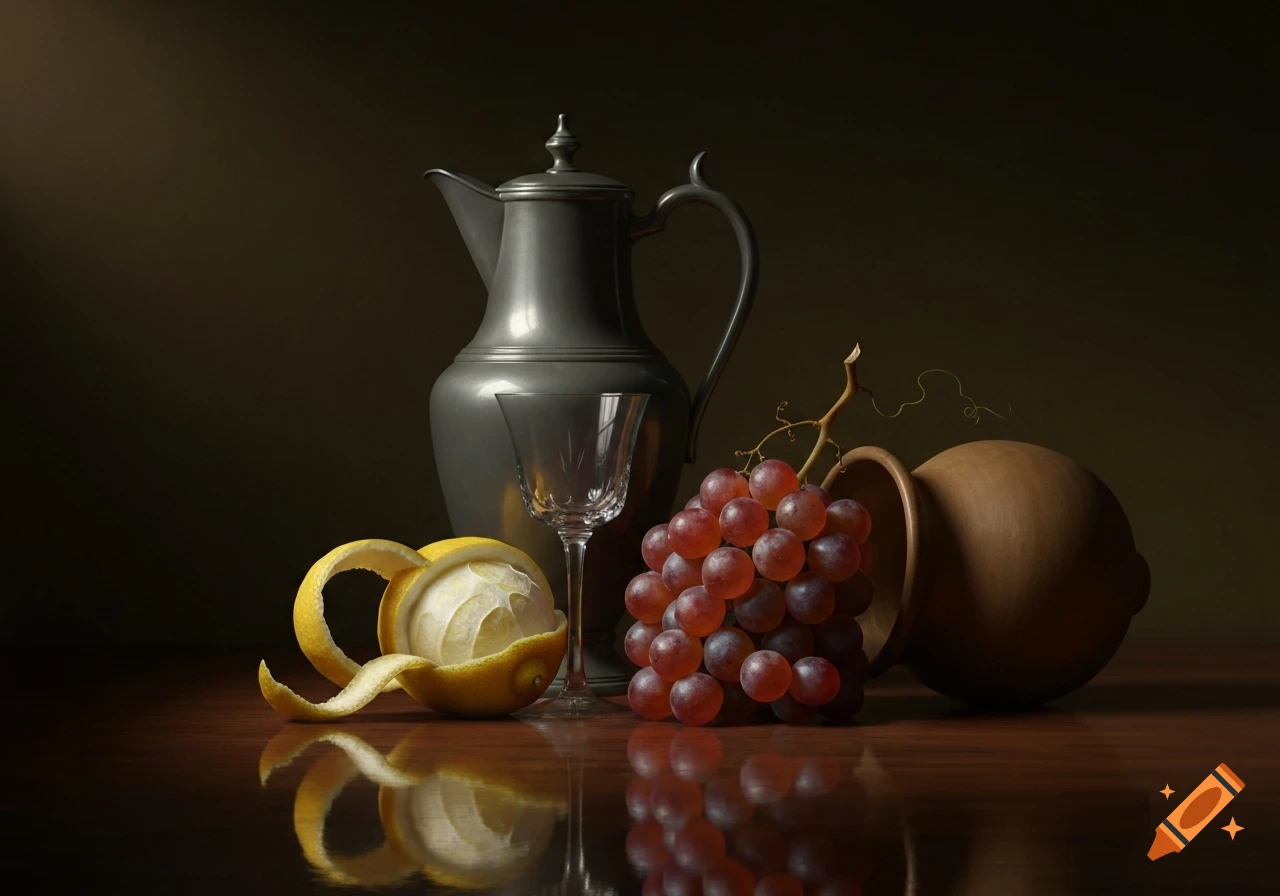 A photorealistic still life with a silver pitcher, glass, peeled lemon, red grapes, and a terracotta pot on a reflective wooden surface.