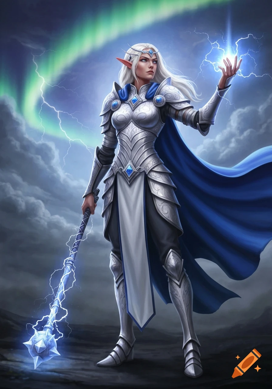 A female high elf cleric in silver armor, casting lightning magic with a staff and hand, under an aurora and stormy sky.