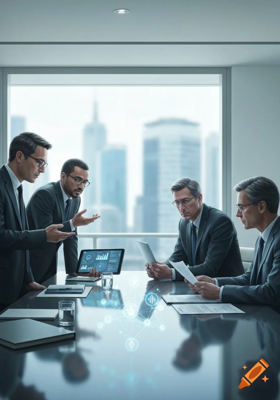 Four businessmen in suits discuss data in a modern boardroom, featuring a glowing network on the table and a city view.